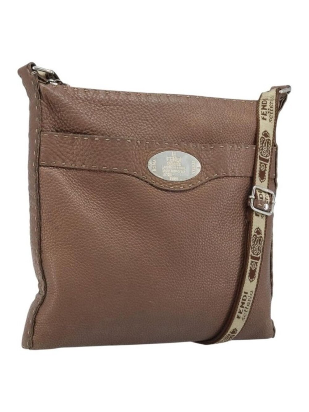 Authentic FENDI Celeria Shoulder Bag Leather Brown Silver